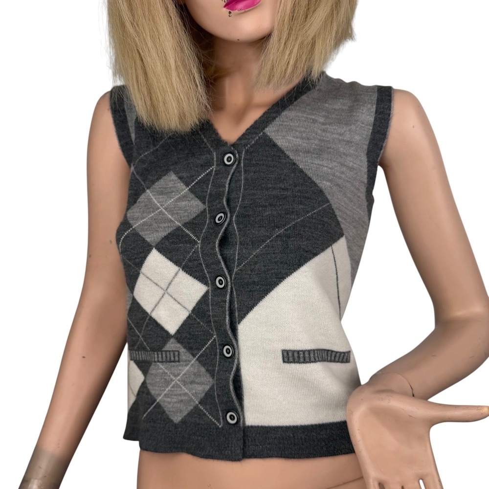 Argyle Button Front Sweater Vest Grey White Preppy Light Academia Collegiate S/M